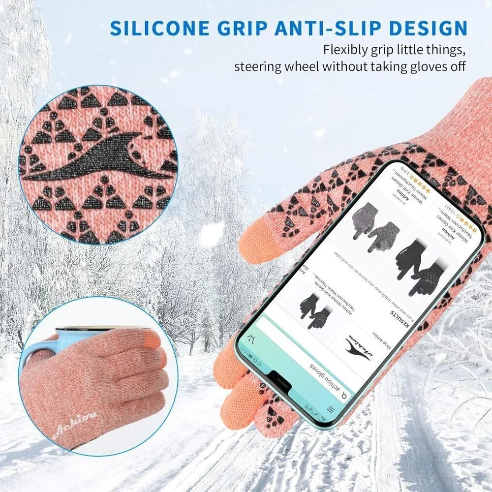 Women's Pink White Upgraded Touch Screen Thermal Soft Knit Lining Winter Gloves